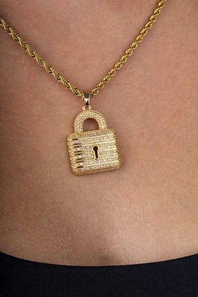 Gümüş Pazarım Altın Kaplama Kilit Model Burgu Zincir Kadın Çelik Kolye - 2