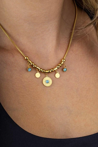 Gümüş Pazarım Firuze Taşlı Silindir Zincir Altın Kaplama Kadın Çelik Kolye - Resim 2