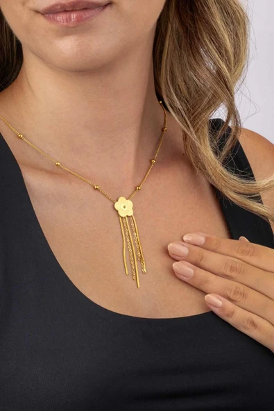 Gümüş Pazarım Top Zincirli Altın Kaplama Yonca Kadın Çelik Kolye - 3