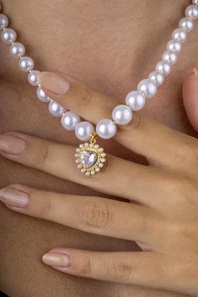 Gümüş Pazarım Kalp Motifli Altın Kaplama İnci Taneli Çelik Kadın Kolye - Resim 2