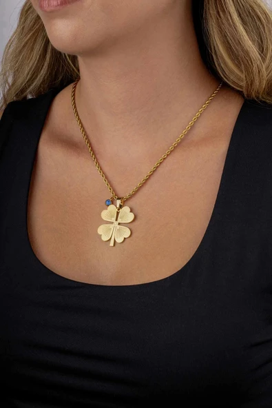 Gümüş Pazarım 4 Yapraklı Altın Kaplama Burgu Zincir Kadın Çelik Kolye - 2