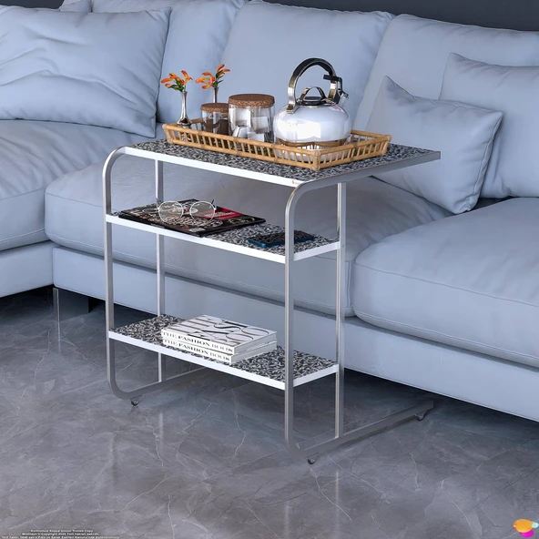 Modilayn C Yan Sehpa Geniş Boy Tekerlekli Çalışma, Atıştırmalık, Yemek, Laptop Sehpası Siyah Desenli - 7