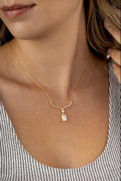 Gümüş Pazarım Baget Taşlı Altın Kaplama Su Yolu Kadın Gümüş Kolye ürün görseli 1