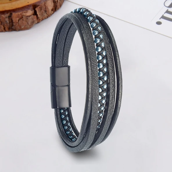 Mavi Hematit Ve Çoklu Deri Bileklik 31834B3D3 - Resim 2