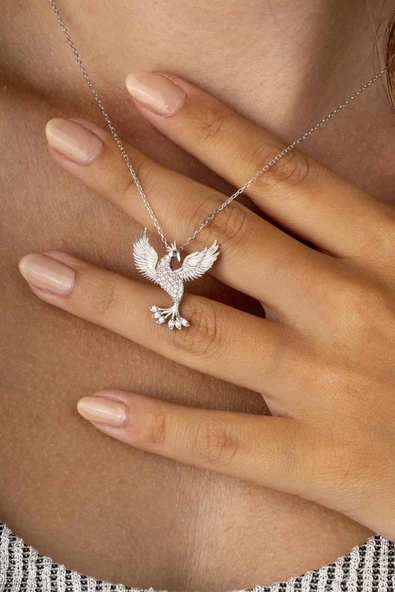 Gümüş Pazarım Beyaz Altın Kaplama Beyaz Taşlı Anka Kuşu Kadın Gümüş Kolye