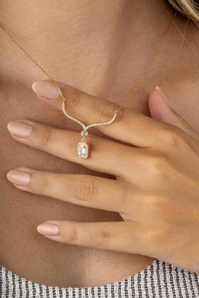 Gümüş Pazarım Baget Taşlı Altın Kaplama Su Yolu Kadın Gümüş Kolye - Resim 2