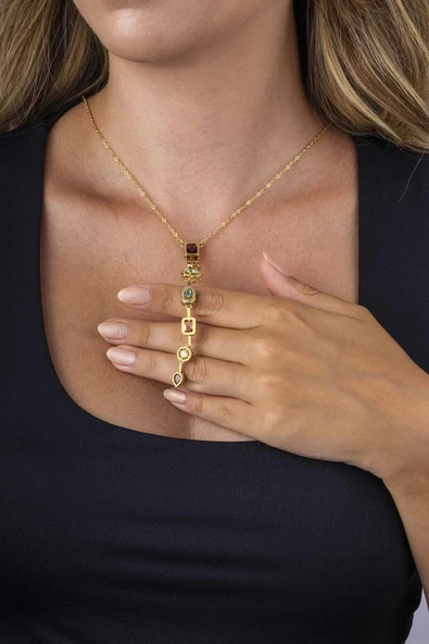 Gümüş Pazarım Sıralı Renkli Taşlı Altın Kaplama Çelik Kadın Y Kolye - Resim 3