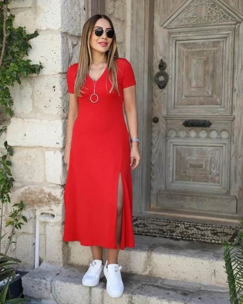 Kadın Kısa Kollu V Yaka Maxi Boy Elbise 124 Cm - Resim 8