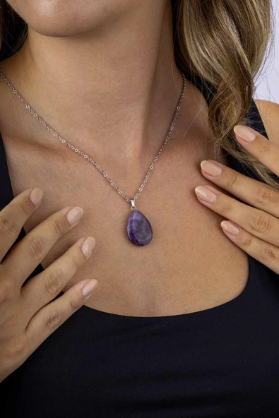 Gümüş Pazarım Damla Kesim Orijinal Ametist Taşlı Çelik Zincir Kadın Kolye