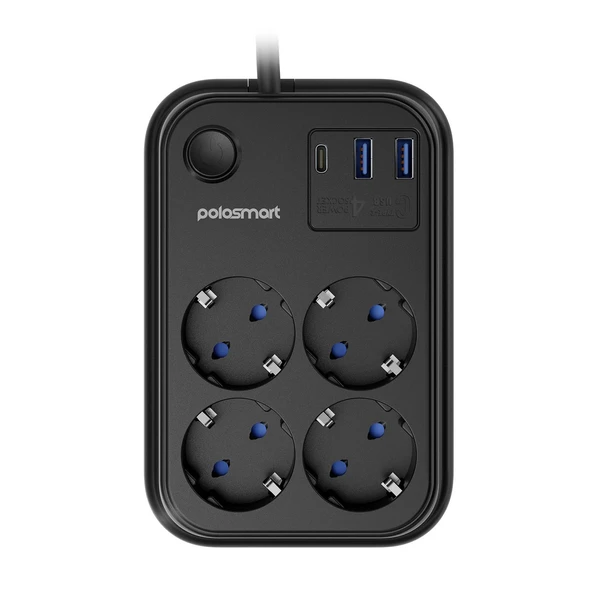 Polosmart MP22 Akım Korumalı 4 Priz 2 USB 1 Type-C Çıkışlı Uzatma Kablosu 2 Metre Siyah - 2
