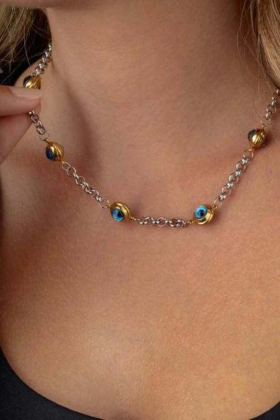 Gümüş Pazarım Göz Motifli Zincir Model Kadın Çelik Kolye - Resim 2