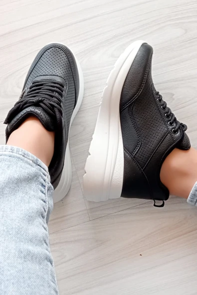 Kadın Siyah Yüksek Topuk Ortopedik Taban Cilt Spor Bot - 11