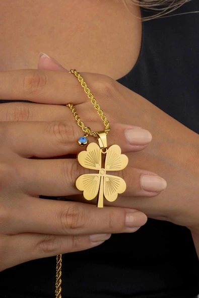 Gümüş Pazarım 4 Yapraklı Altın Kaplama Burgu Zincir Kadın Çelik Kolye - 3