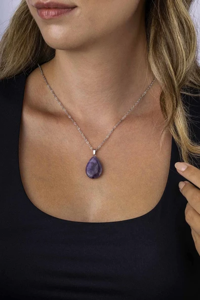 Gümüş Pazarım Damla Kesim Orijinal Ametist Taşlı Çelik Zincir Kadın Kolye - 2