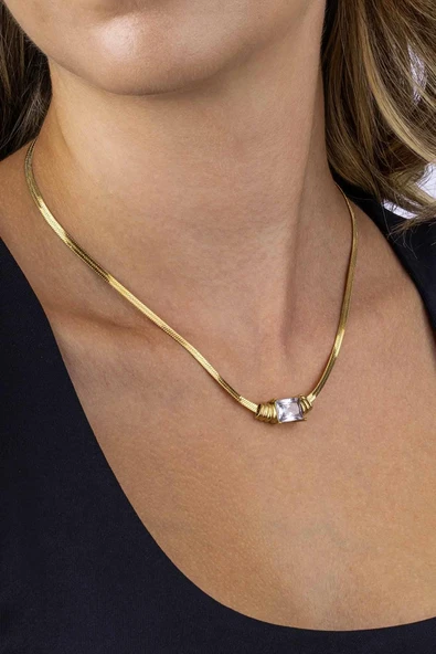 Gümüş Pazarım Baget Taşlı Altın Kaplama İtalyan Zincir Kadın Çelik Zincir - Resim 3