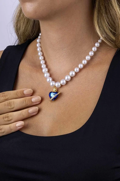 Gümüş Pazarım Mavi Kalp Motifli İnci Taneli Altın Kaplama Kadın Çelik Kolye - 3