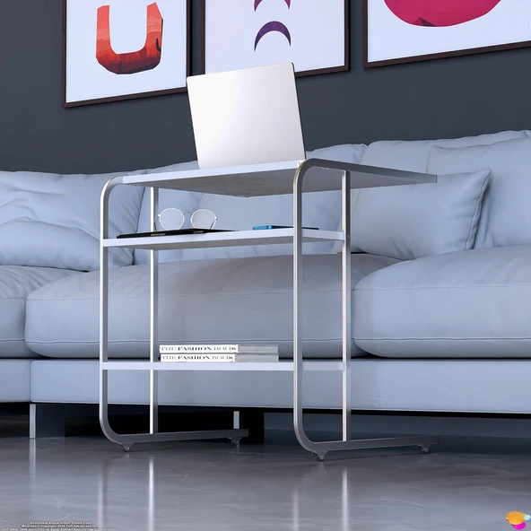 Modilayn C Yan Sehpa Geniş Boy Tekerlekli Çalışma, Atıştırmalık, Yemek, Laptop Sehpası Çiçekli Beyaz - 5