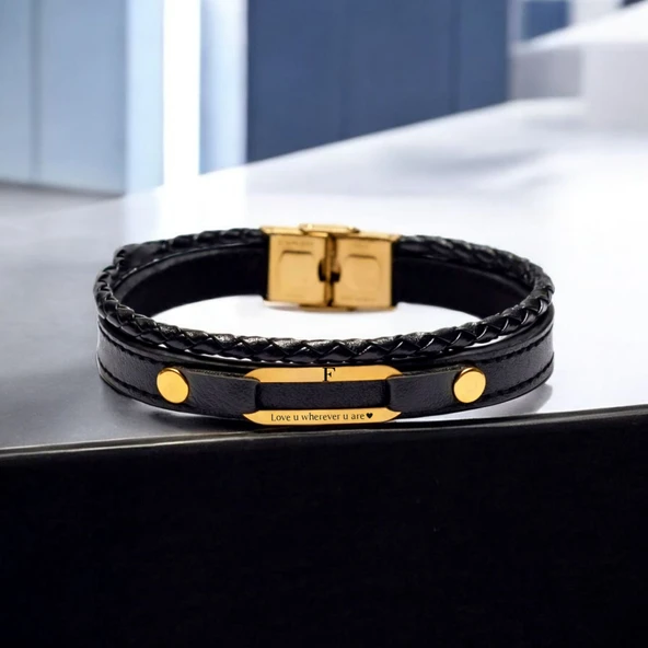 Harfe Özel 14 Ayar Altın Plakalı Aşk Temalı Oval Motifli Hakiki Siyah Derili Hediye Bileklik-391 - Resim 2