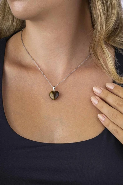 Gümüş Pazarım Kalp Kesim Orijinal Kaplan Gözü Doğal Taş Çelik Zincir Kadın Kolye - Resim 2