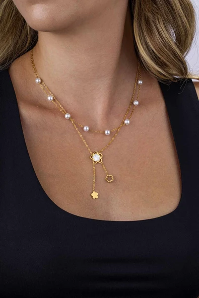 Gümüş Pazarım Altın Kaplama İnci Taneli Yonca Motifli Kadın Çelik Kolye - 3