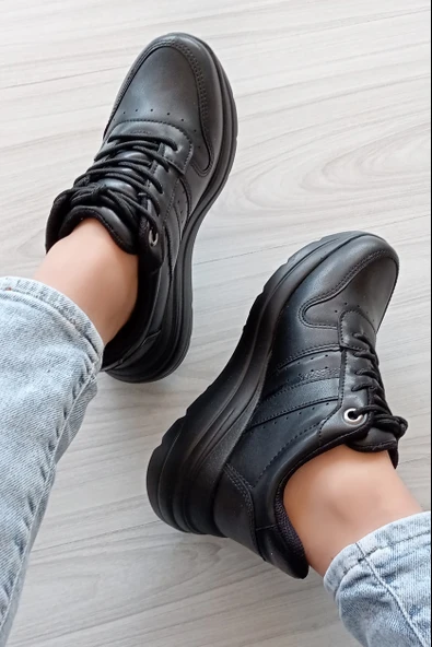 Kadın Siyah Yüksek Topuk Ortopedik Taban Cilt Spor Bot