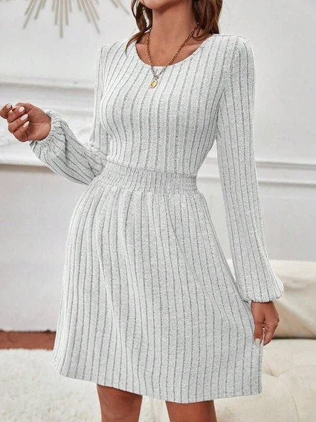 Kadın Uzun Kollu Bisiklet Yaka Beli Lastikli şardonlu Kaşkorse Mini Elbise - Resim 6