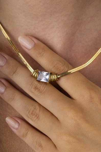 Gümüş Pazarım Baget Taşlı Altın Kaplama İtalyan Zincir Kadın Çelik Zincir - Resim 2