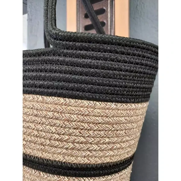 Doğal Hasır Jüt El Örmesi Günlük Kullanım ve Plaj İçin Uygun Bayan Çanta-Bej Siyah Çizgili v1 - 2