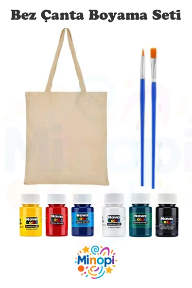 Minopi Bez Çanta Boyama Seti 6 Renk Kumaş Boyası Detay Fırçası Bez Torba