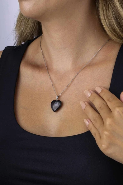 Gümüş Pazarım Kalp Kesim Orijinal Damarlı Akik Doğal Taş Çelik Zincirli Kadın Kolye - 2