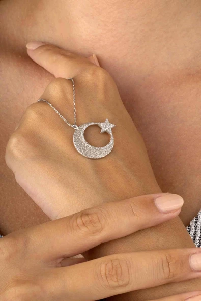 Gümüş Pazarım Beyaz Altın Kaplama Ay Yıldız 925 Ayar Gümüş Kadın Kolye - Resim 3