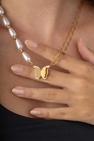 Gümüş Pazarım Top Zincirli Altın Kaplama Yonca Kadın Çelik Kolye - 2