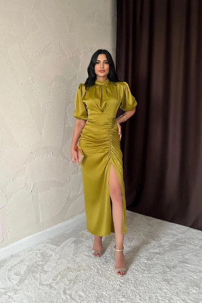 Yağ Yeşili Büzgülü Saten Elbise - Resim 3