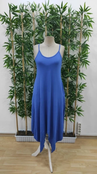 Kadın Askılı V Yakalı Cep Detaylı Asimetrik Kesim Viskon Elbise - Resim 5