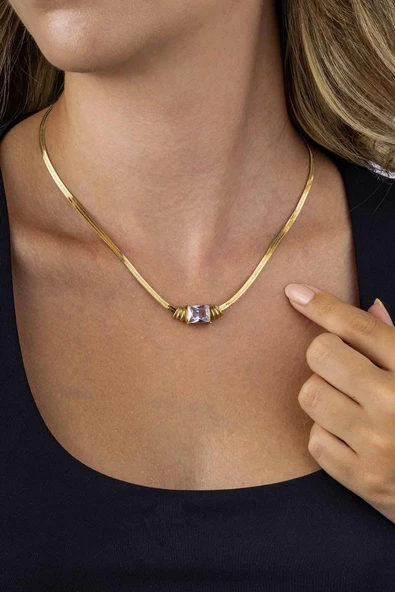 Gümüş Pazarım Baget Taşlı Altın Kaplama İtalyan Zincir Kadın Çelik Zincir ürün görseli 1