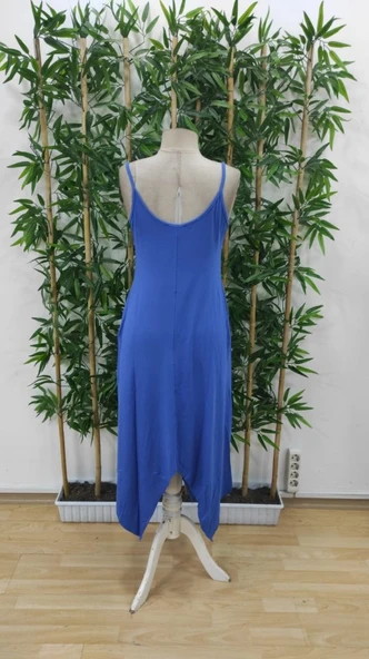 Kadın Askılı V Yakalı Cep Detaylı Asimetrik Kesim Viskon Elbise - Resim 6