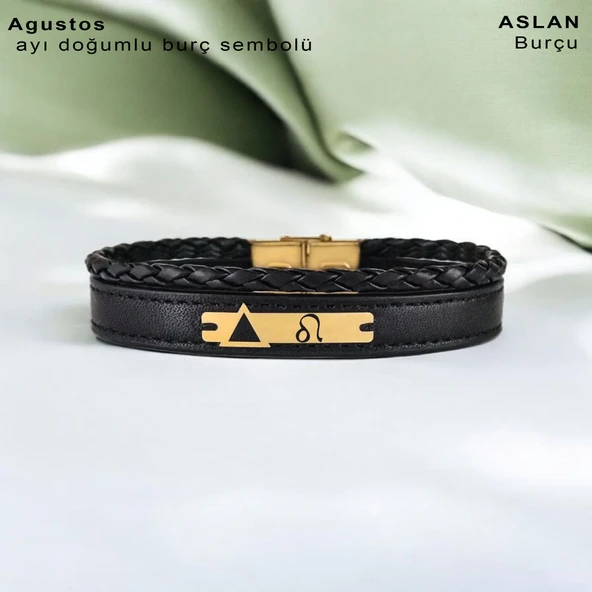 Doğum Ayına Özel 14 Ayar Altın Plakalı Üçgen Motifli Hakiki Siyah Derili Hediye Bileklik-390 - Resim 3