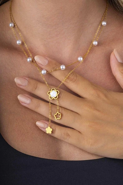 Gümüş Pazarım Altın Kaplama İnci Taneli Yonca Motifli Kadın Çelik Kolye - 2