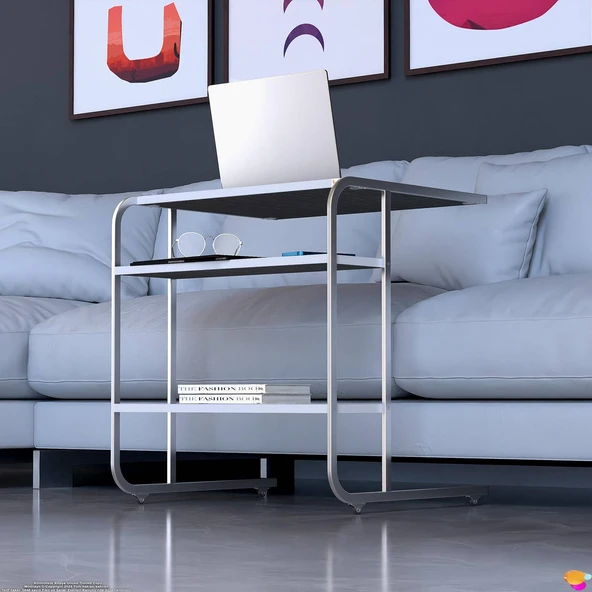 Modilayn C Yan Sehpa Geniş Boy Tekerlekli Çalışma, Atıştırmalık, Yemek, Laptop Sehpası Siyah Çizgili - 6