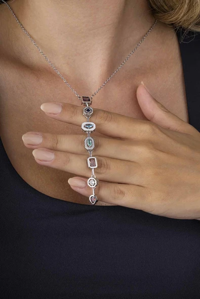 Gümüş Pazarım Sıralı Renkli Taşlı Beyaz Altın Kaplama Çelik Kadın Y Kolye - 2