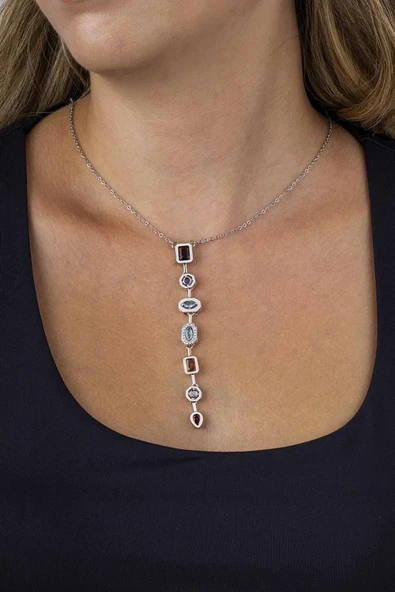 Gümüş Pazarım Sıralı Renkli Taşlı Beyaz Altın Kaplama Çelik Kadın Y Kolye