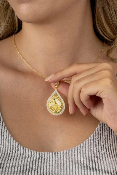 Gümüş Pazarım Damla Kesim Osmanlı Tuğralı Altın Kaplama Kadın Gümüş Kolye