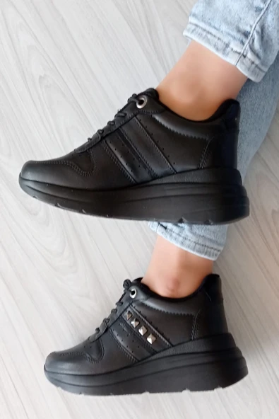 Kadın Siyah Yüksek Topuk Ortopedik Taban Cilt Spor Bot - 3