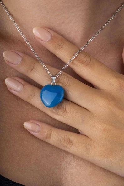 Gümüş Pazarım Kalp Kesim Orijinal Mavi Akik Doğal Taş Çelik Zincir Kadın Kolye - 2