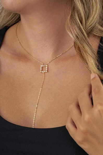 Gümüş Pazarım Baget Taşlı Kare Y Model Altın Kaplama Kadın Çelik Kolye - Resim 3