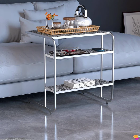 Modilayn C Yan Sehpa Geniş Boy Tekerlekli Çalışma, Atıştırmalık, Yemek, Laptop Sehpası Siyah Desenli - 6