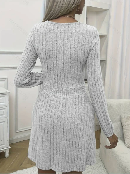 Kadın Uzun Kollu Bisiklet Yaka Beli Lastikli şardonlu Kaşkorse Mini Elbise - Resim 4