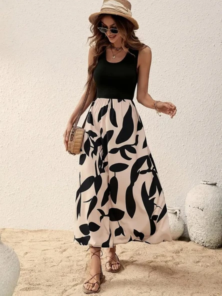 Kadın Askılı Yuvarlak Yaka üst Viskon Alt Desenli Uzun Süprem Elbise ürün görseli