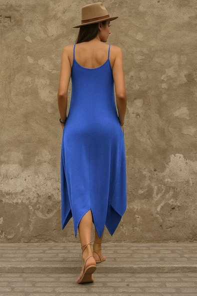 Kadın Askılı V Yakalı Cep Detaylı Asimetrik Kesim Viskon Elbise - Resim 2