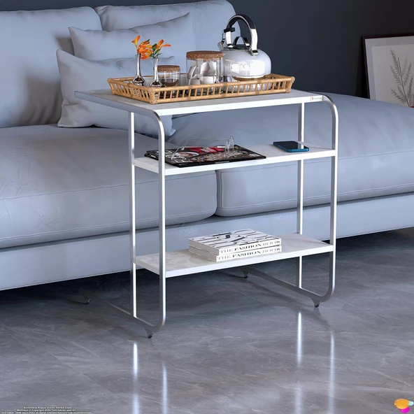 Modilayn C Yan Sehpa Geniş Boy Tekerlekli Çalışma, Atıştırmalık, Yemek, Laptop Sehpası Çiçekli Beyaz - 4